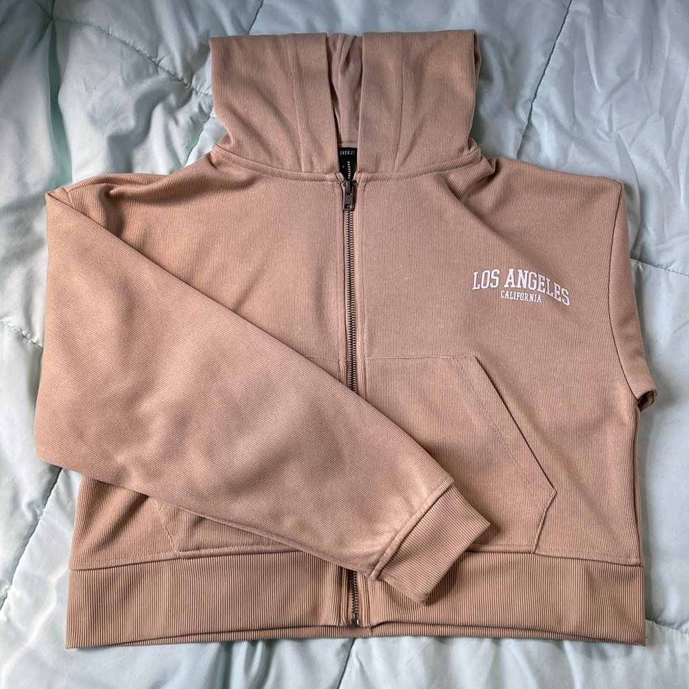 Forever 21 Tan Los Angeles cropped full zip up jacket or hoodie
